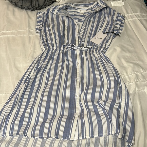 Japna Blue and White stripes button up high low dress. - Picture 5 of 6